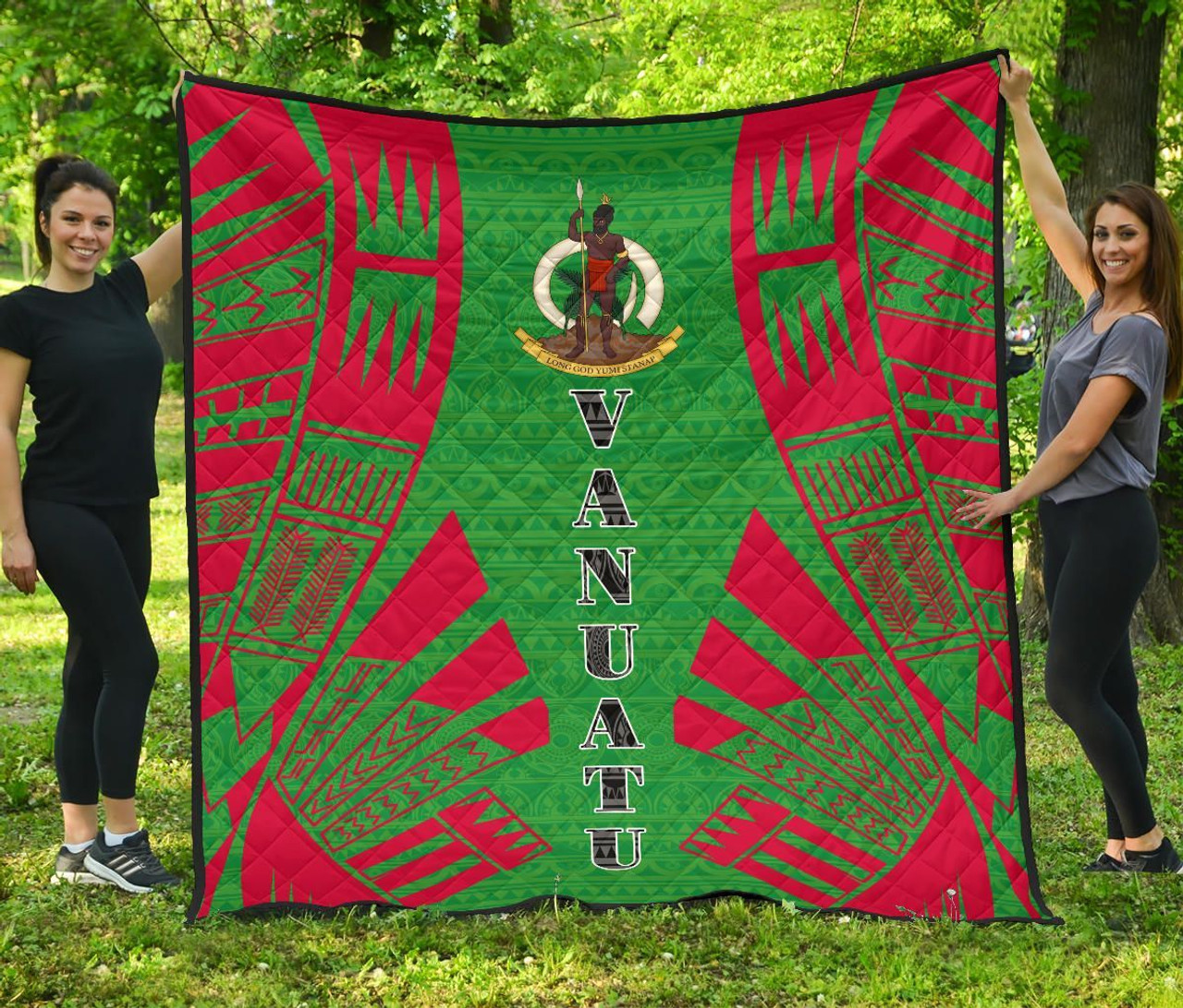 Vanuatu Premium Quilt - Vanuatu Coat Of Arms Polynesian Red Tattoo (Green) 1