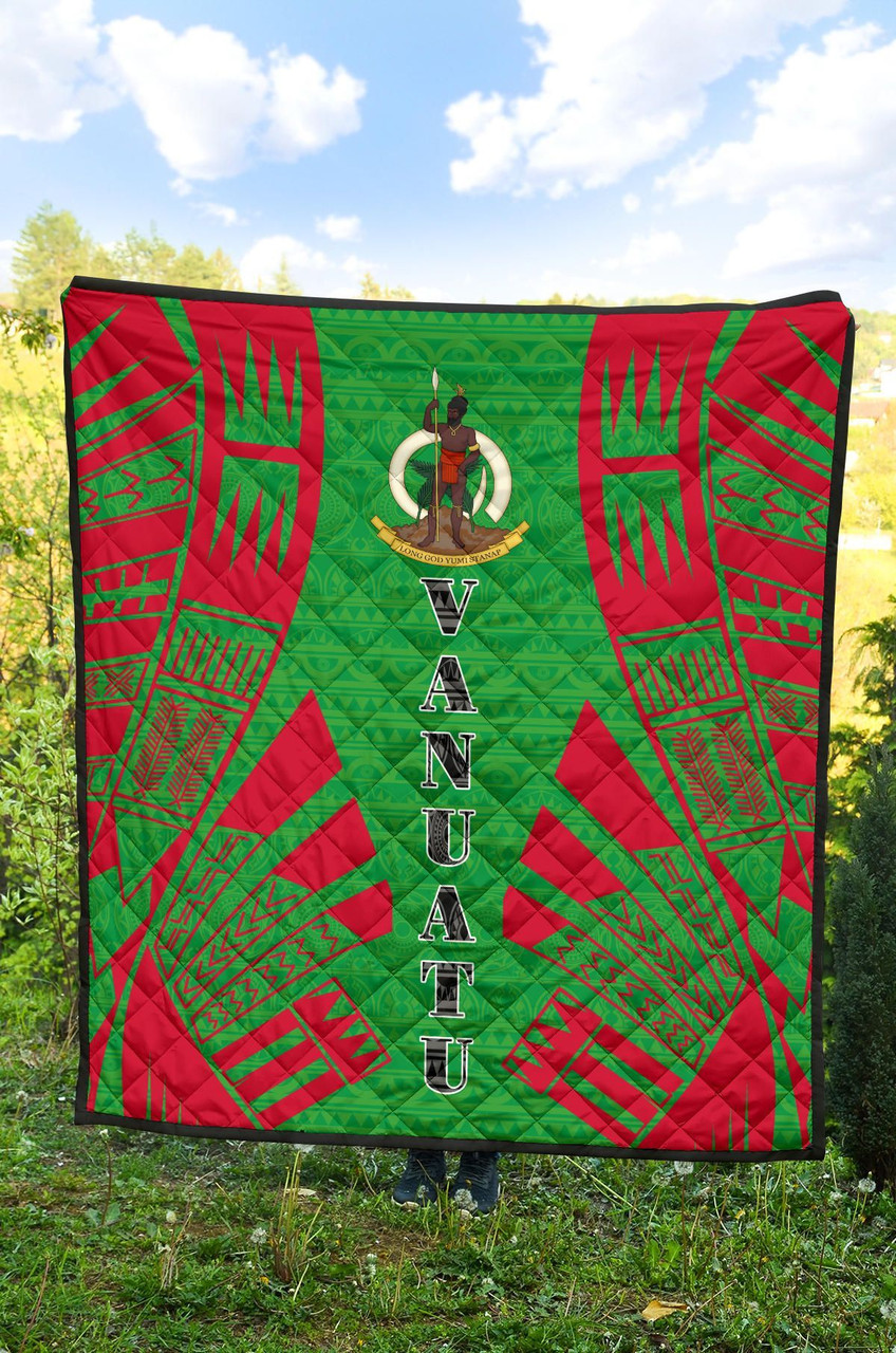 Vanuatu Premium Quilt - Vanuatu Coat Of Arms Polynesian Red Tattoo (Green) 4