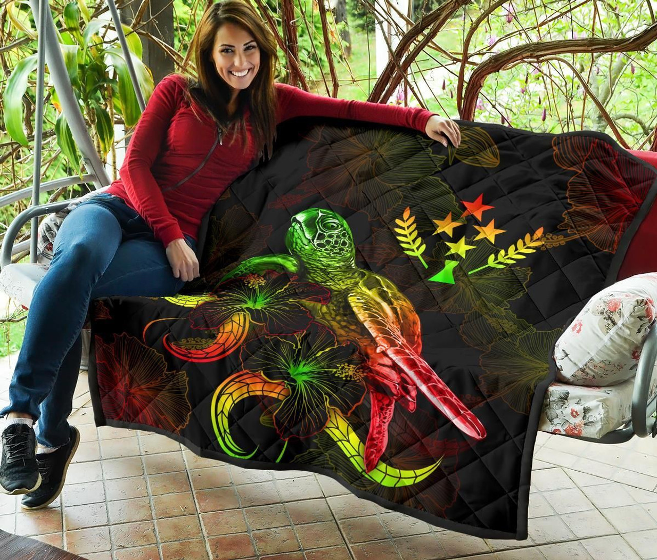 Kosrae Polynesian Premium Quilt - Turtle With Blooming Hibiscus Reggae 8