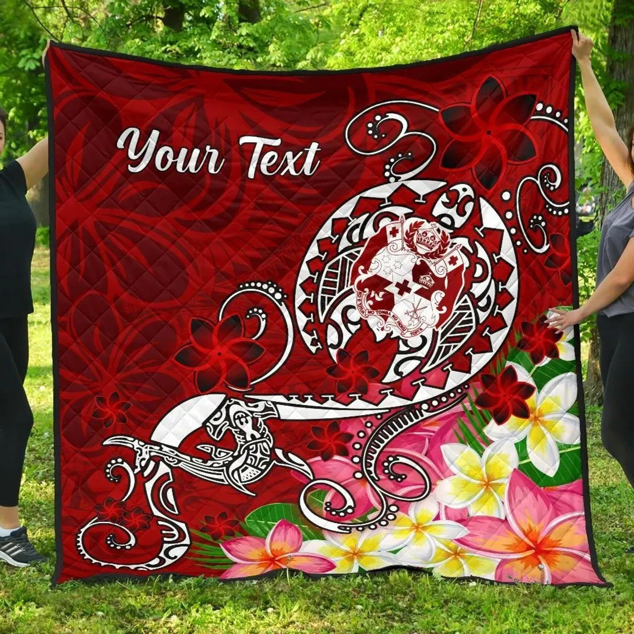 Tonga Custom Personalised Premium Quilt - Turtle Plumeria (Red) 1