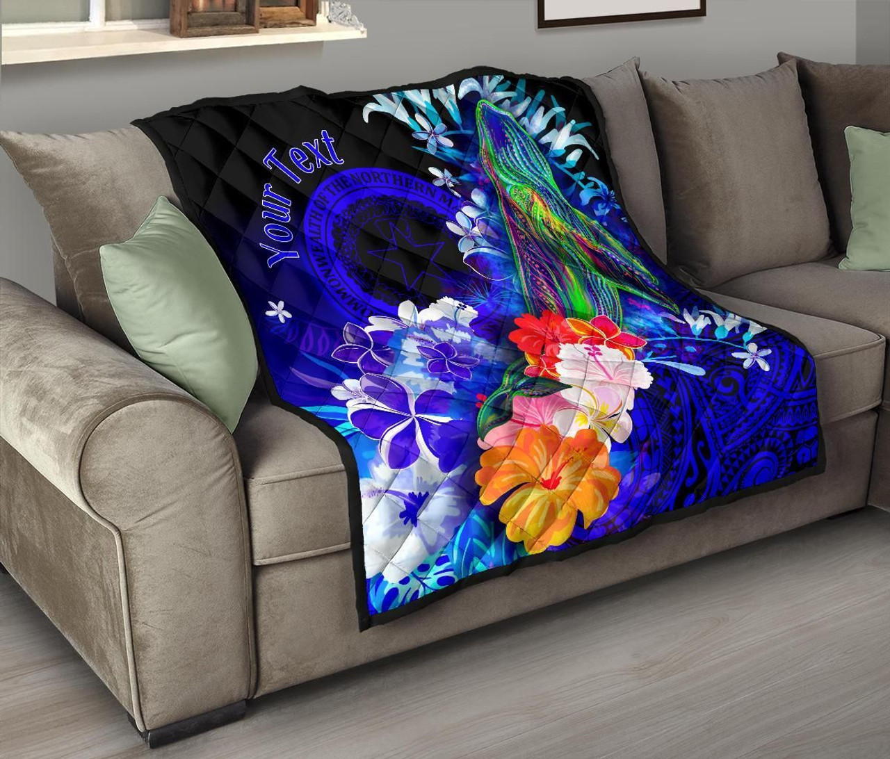 CNMI Custom Personalised Premium Quilt - Humpback Whale with Tropical Flowers (Blue) 9