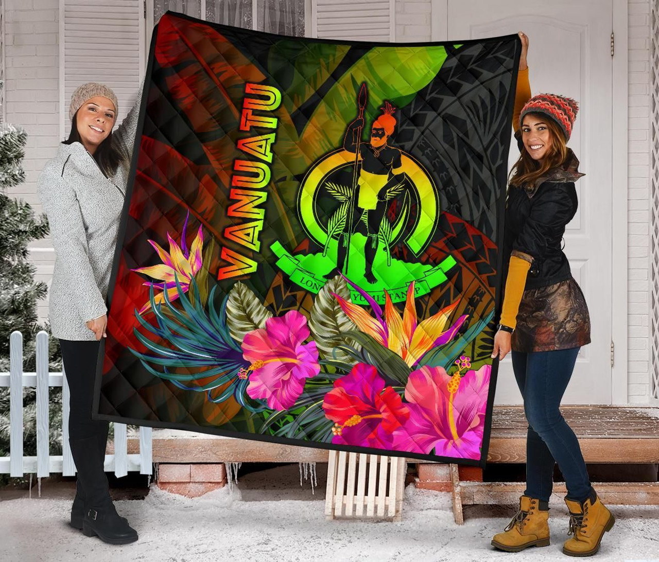 Vanuatu Polynesian Premium Quilt -  Hibiscus and Banana Leaves 3