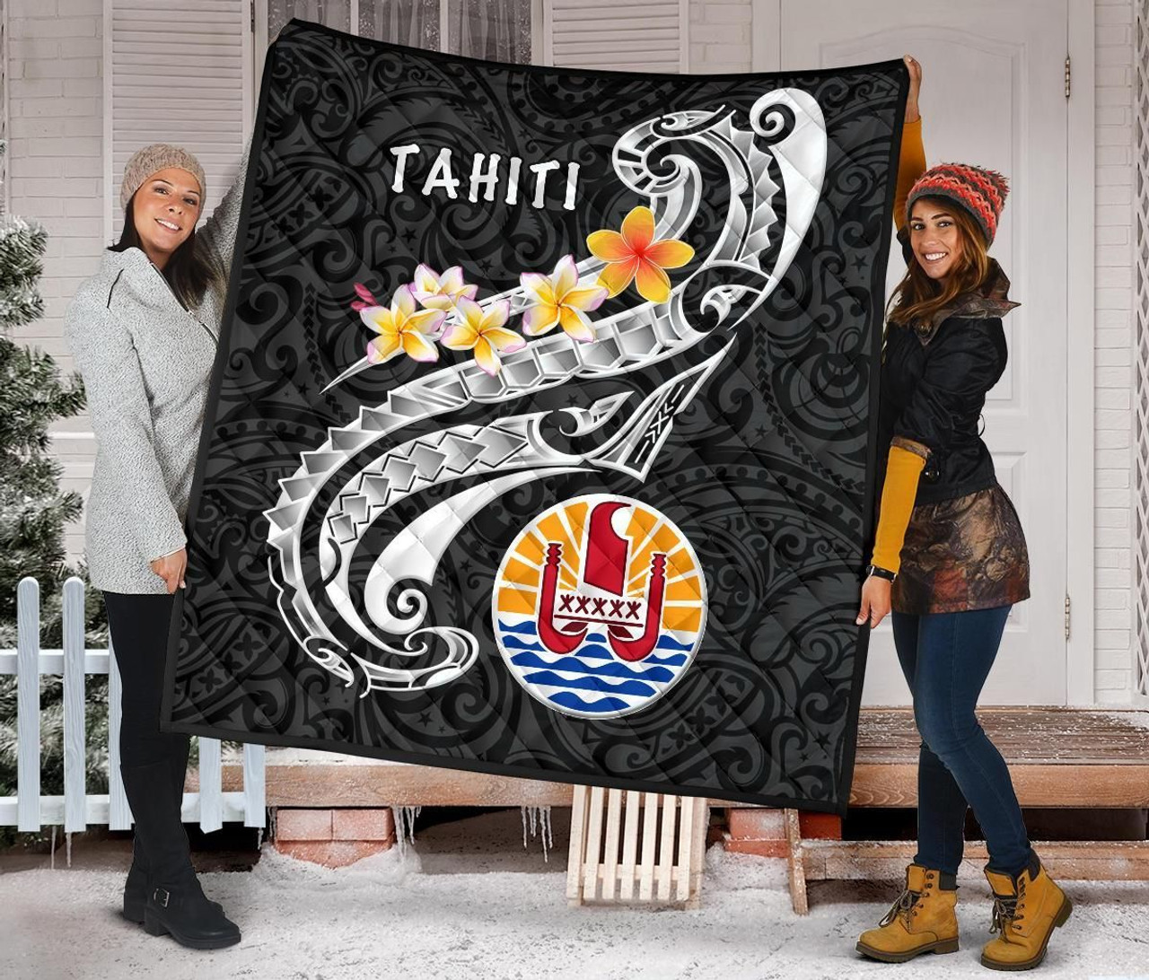 Tahiti Premium Quilt - Tahiti Seal Polynesian Patterns Plumeria (Black) 2