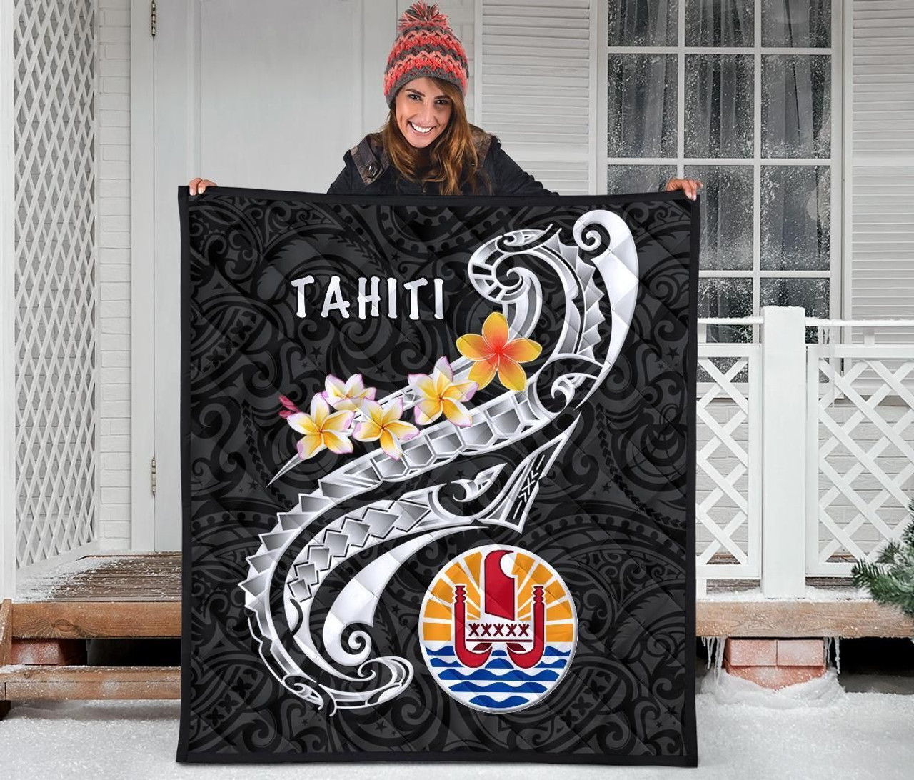 Tahiti Premium Quilt - Tahiti Seal Polynesian Patterns Plumeria (Black) 3