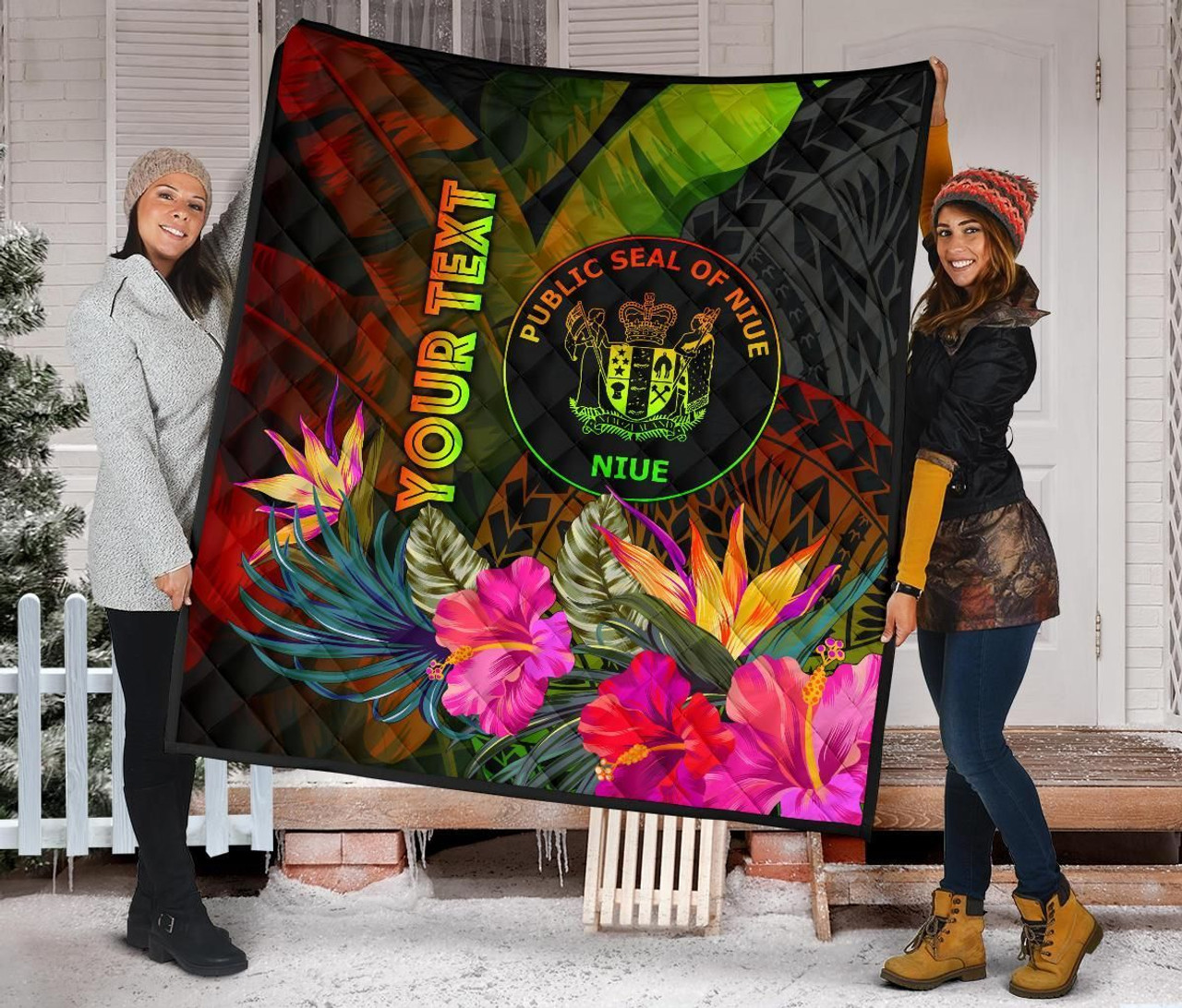 Niue Polynesian Personalised Premium Quilt - Hibiscus and Banana Leaves 3