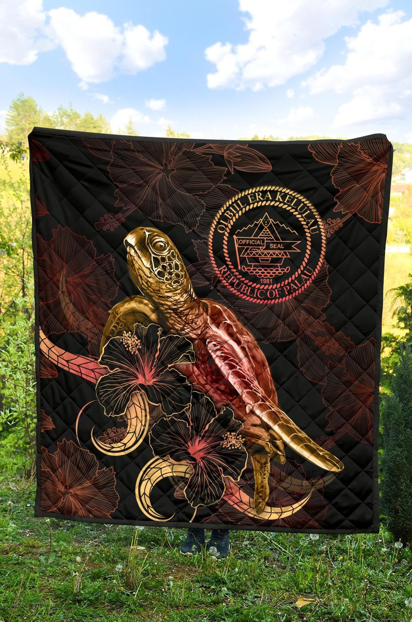 Palau Polynesian Premium Quilt - Turtle With Blooming Hibiscus Gold 5