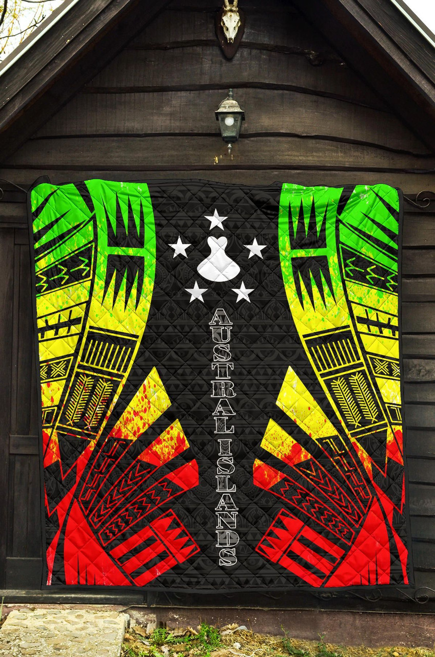 Austral Islands Premium Quilt - Austral Islands Flag Polynesian Reggae Tattoo (Black) 5