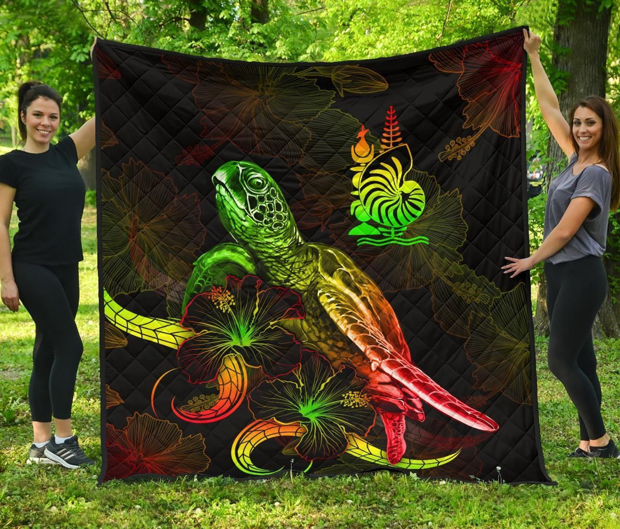 New Caledonia Polynesian Premium Quilt - Turtle With Blooming Hibiscus Reggae 2