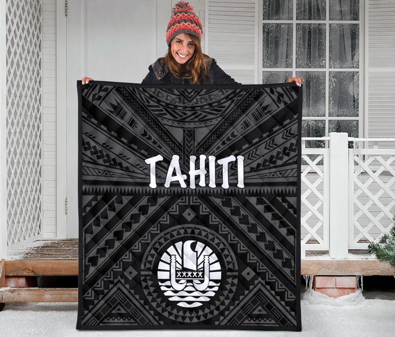 Tahiti Premium Quilt - Tahiti Seal In Polynesian Tattoo Style (Black) 3