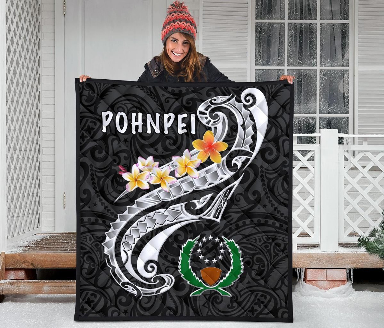 Pohnpei Premium Quilt - Pohnpei Seal Polynesian Patterns Plumeria (Black) 4