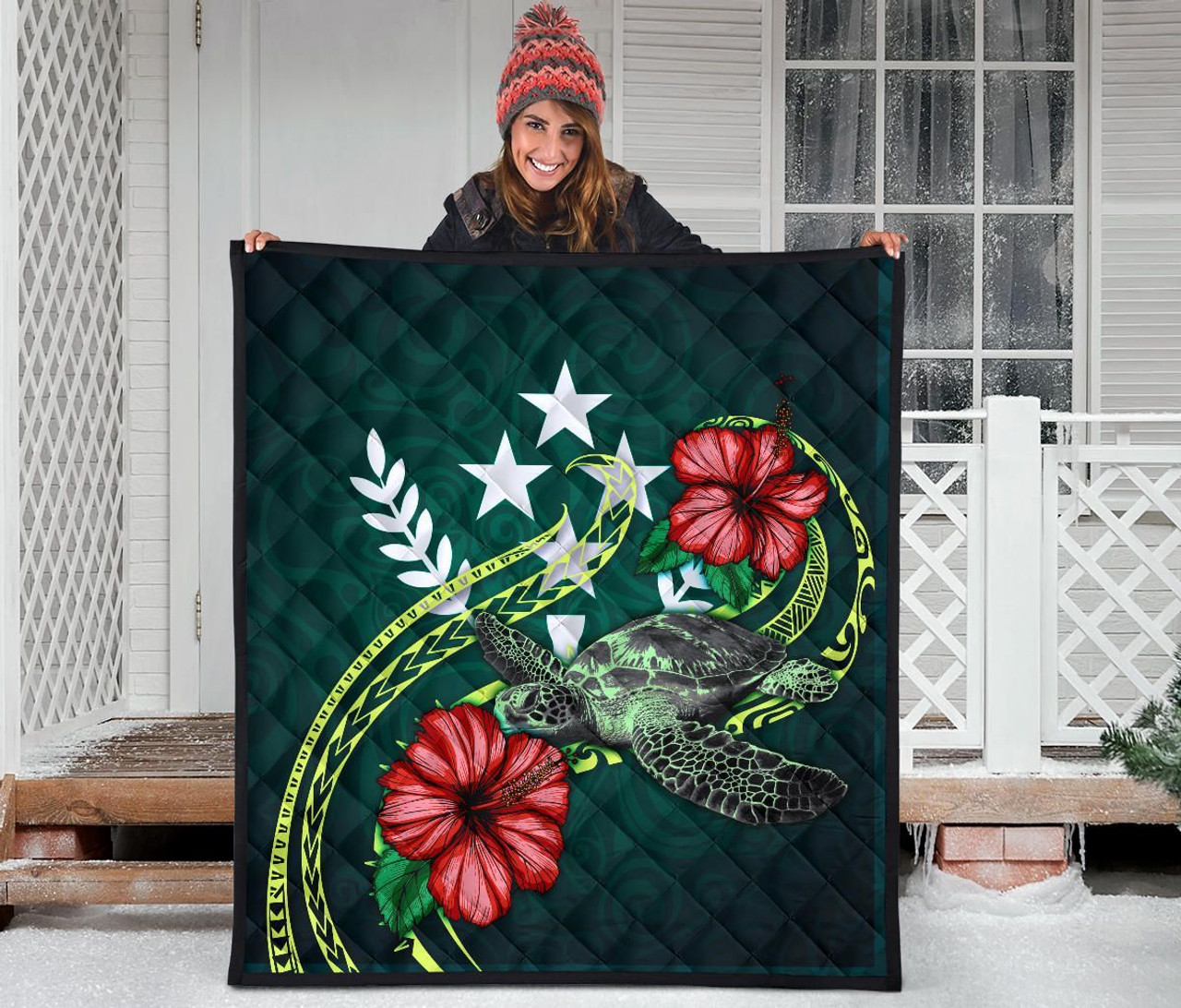 Kosrae Polynesian Premium Quilt - Green Turtle Hibiscus 3