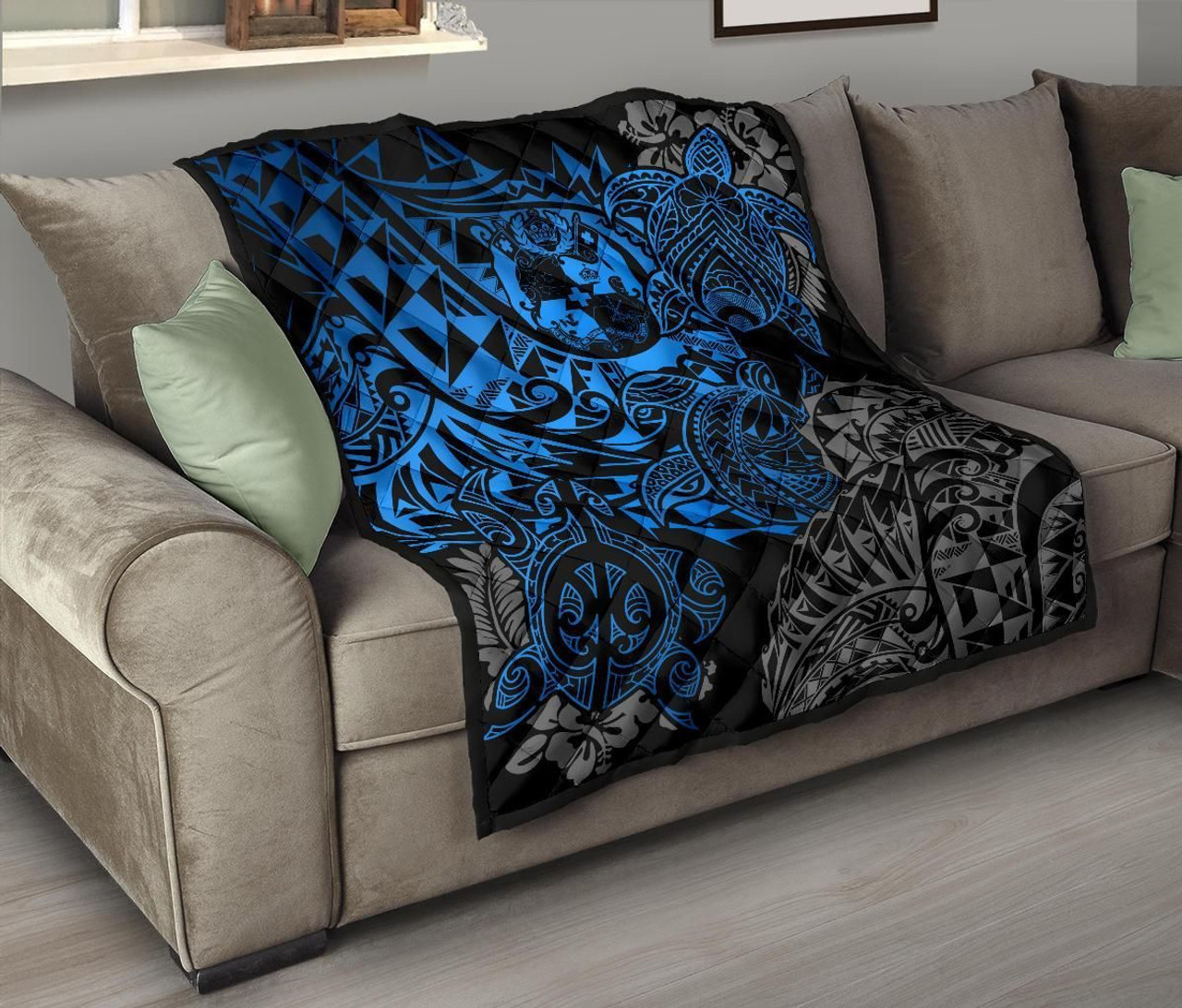 Tonga Polynesian Premium Quilt - Blue Turtle Flowing 1