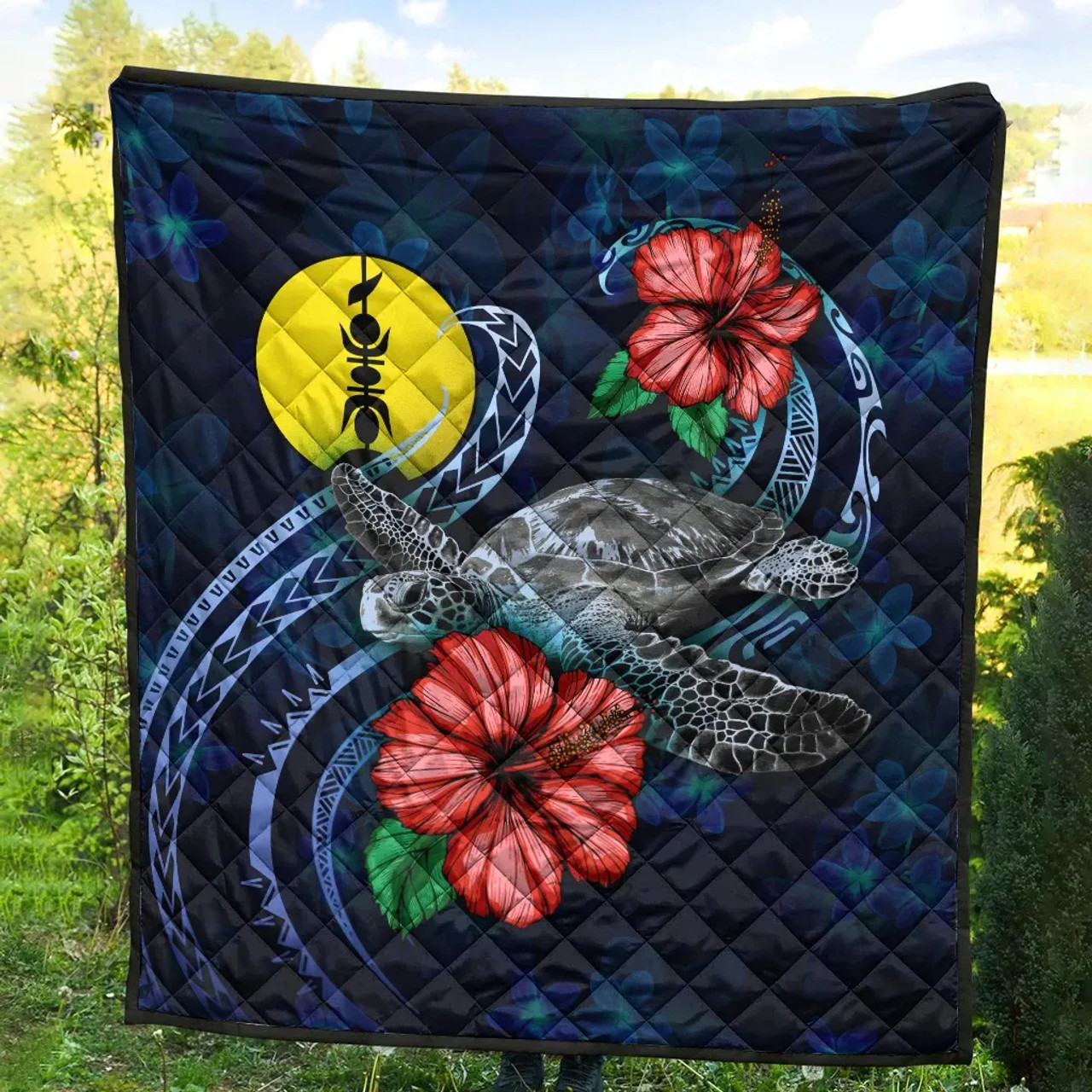 New Caledonia Polynesian Premium Quilt - Blue Turtle Hibiscus 4