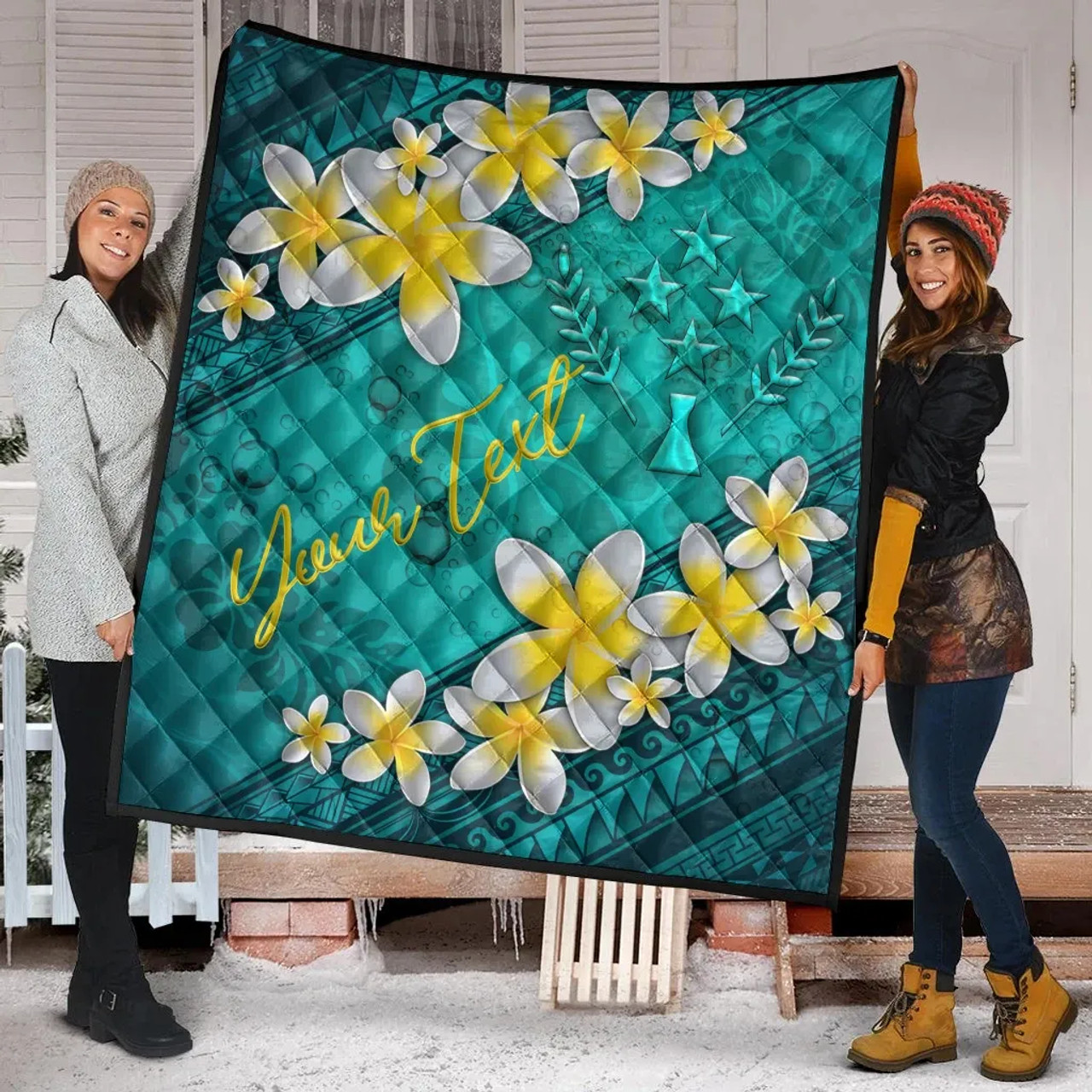 Kosrae Polynesian Custom Personalised Quilt - Plumeria With Blue Ocean 3