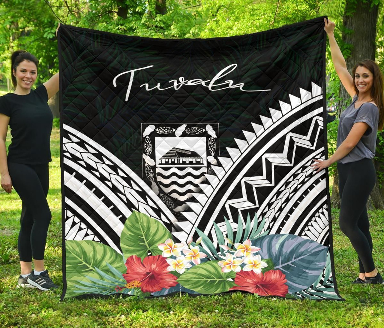 Tuvalu Premium Quilt - Tuvalu Coat of Arms & Polynesian Tropical Flowers White 1