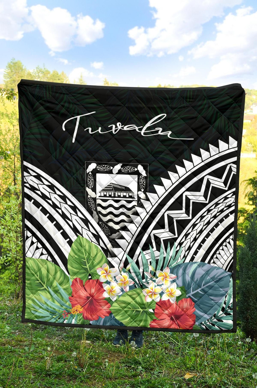 Tuvalu Premium Quilt - Tuvalu Coat of Arms & Polynesian Tropical Flowers White 4