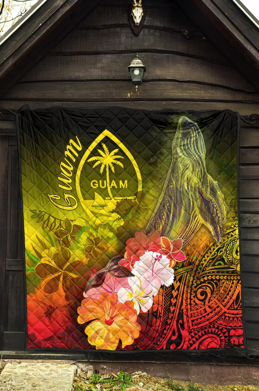 Guam Premium Quilt - Humpback Whale with Tropical Flowers (Yellow) 5
