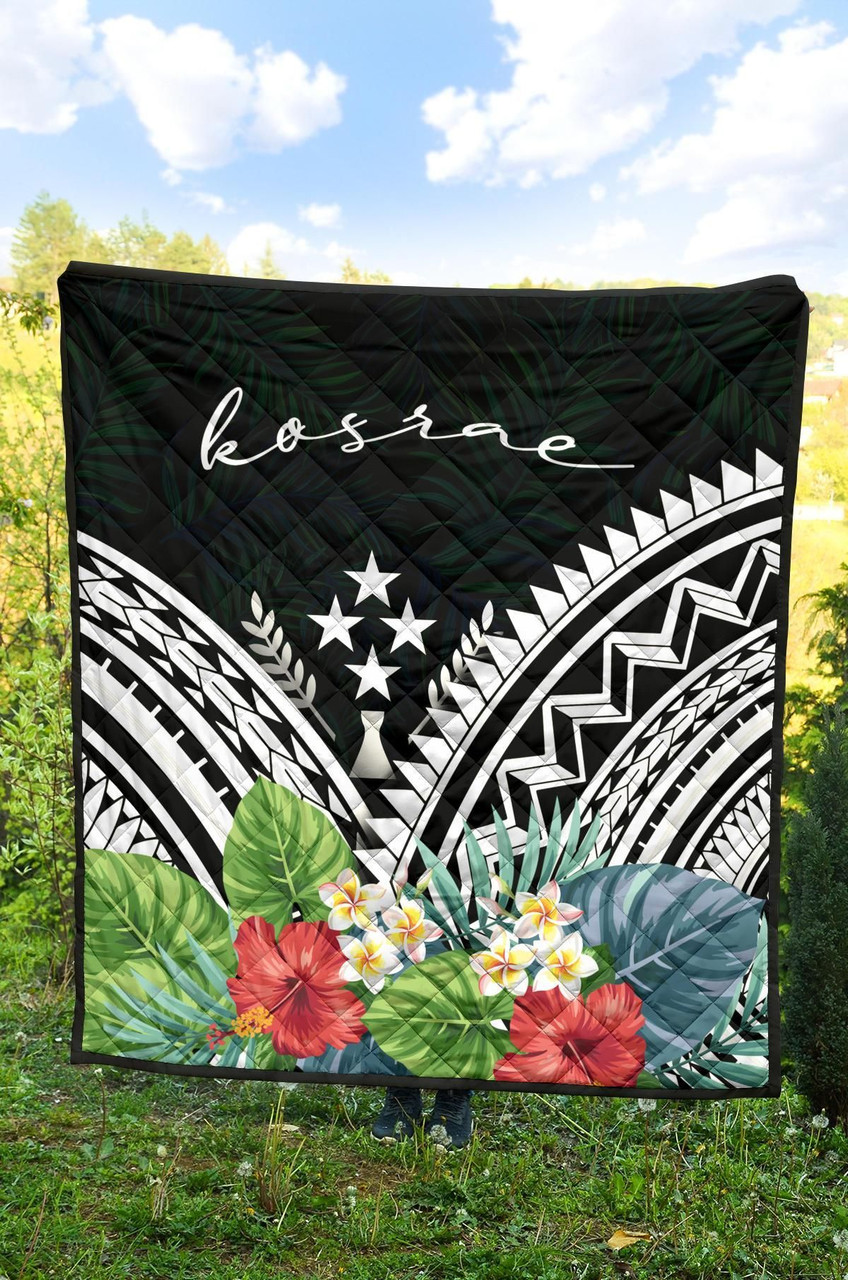 Kosrae Premium Quilt - Kosrae Coat of Arms & Polynesian Tropical Flowers White 4