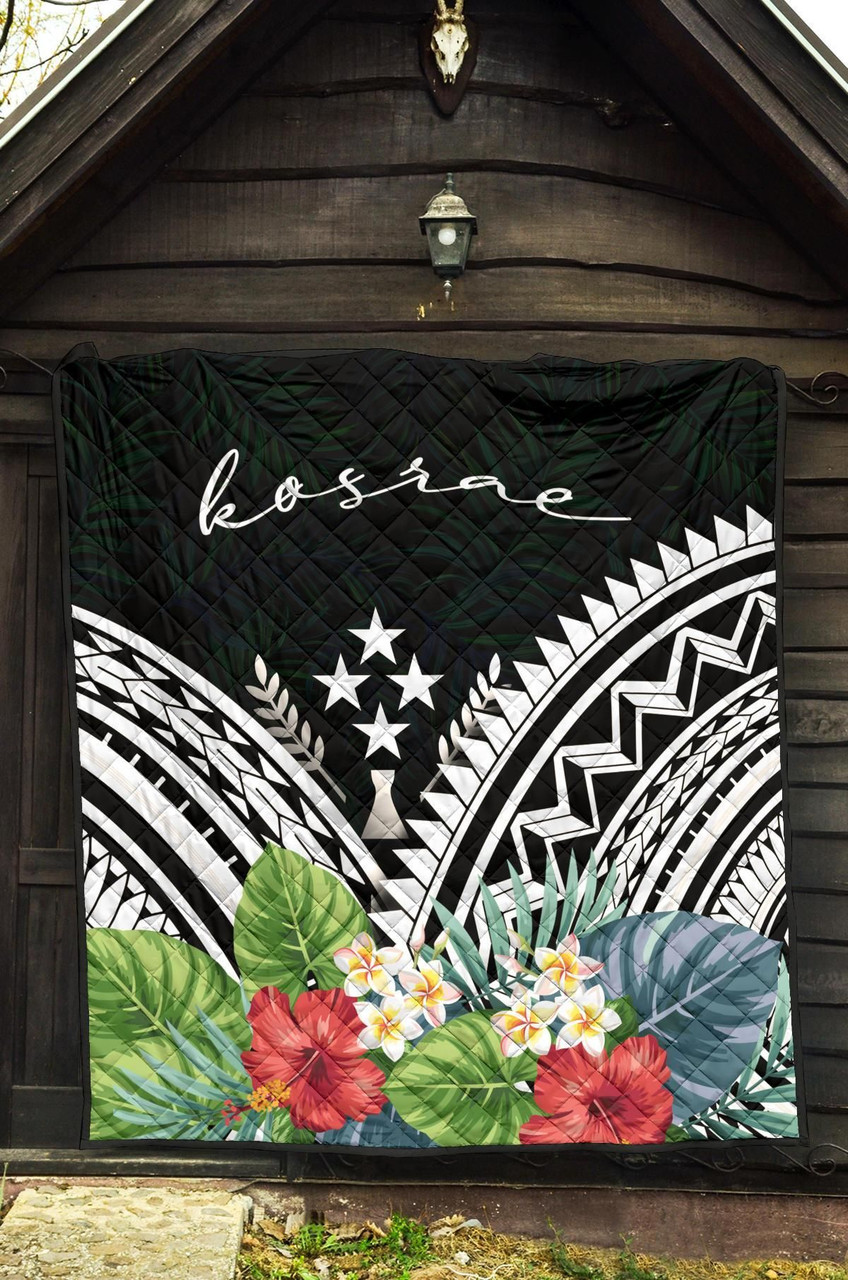 Kosrae Premium Quilt - Kosrae Coat of Arms & Polynesian Tropical Flowers White 5