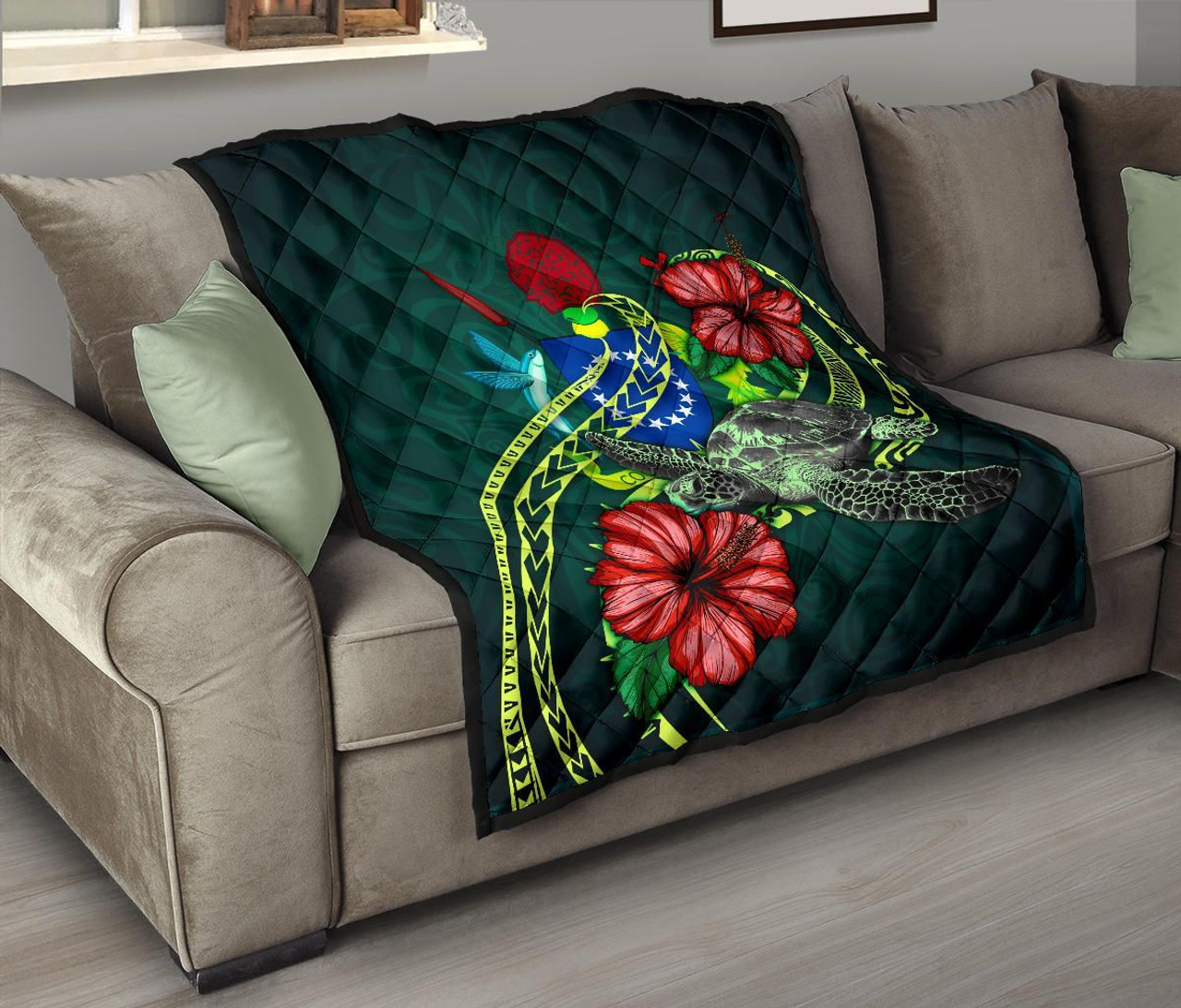 Cook Islands Polynesian Premium Quilt - Green Turtle Hibiscus 9