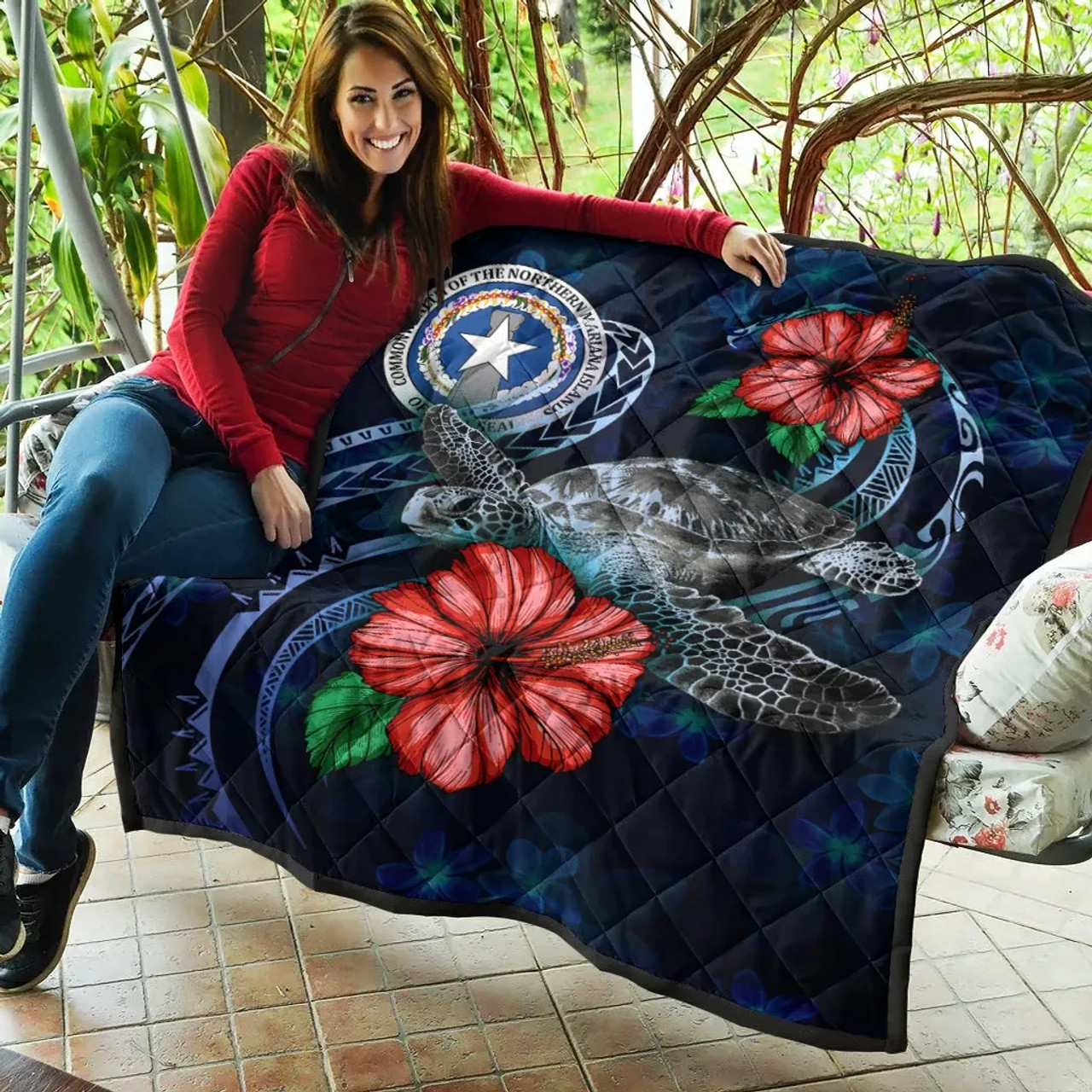 Northern Mariana Islands Polynesian Premium Quilt - Blue Turtle Hibiscus 7