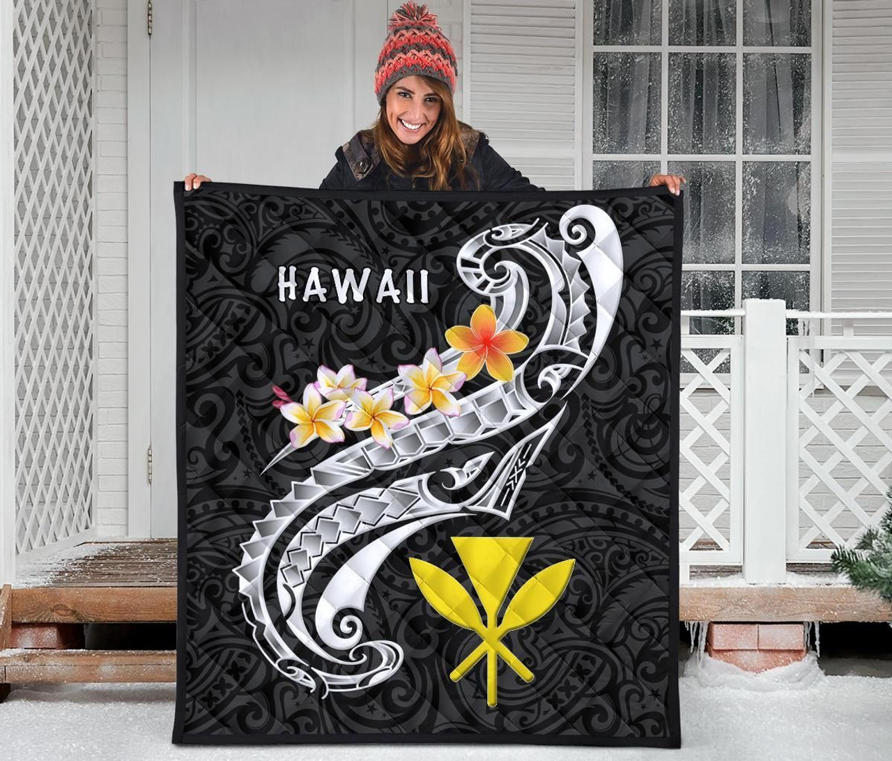 Hawaii Premium Quilt - Kanaka Maoli Polynesian Patterns Plumeria (Black) 3