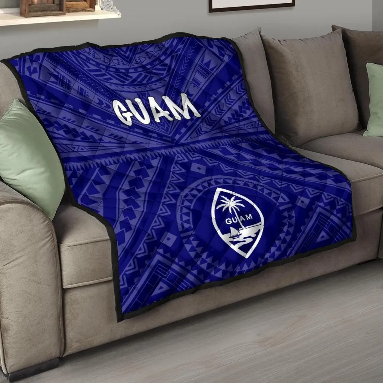 Guam Premium Quilt  - Guam Seal With Polynesian Tattoo Style (Blue) 1