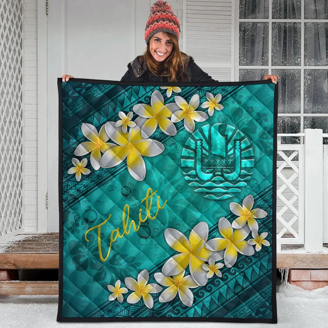 Tahiti Polynesian Quilt - Plumeria With Blue Ocean 4