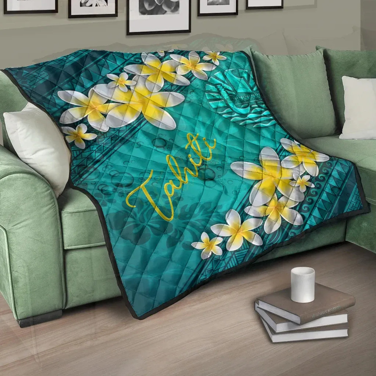 Tahiti Polynesian Quilt - Plumeria With Blue Ocean 10