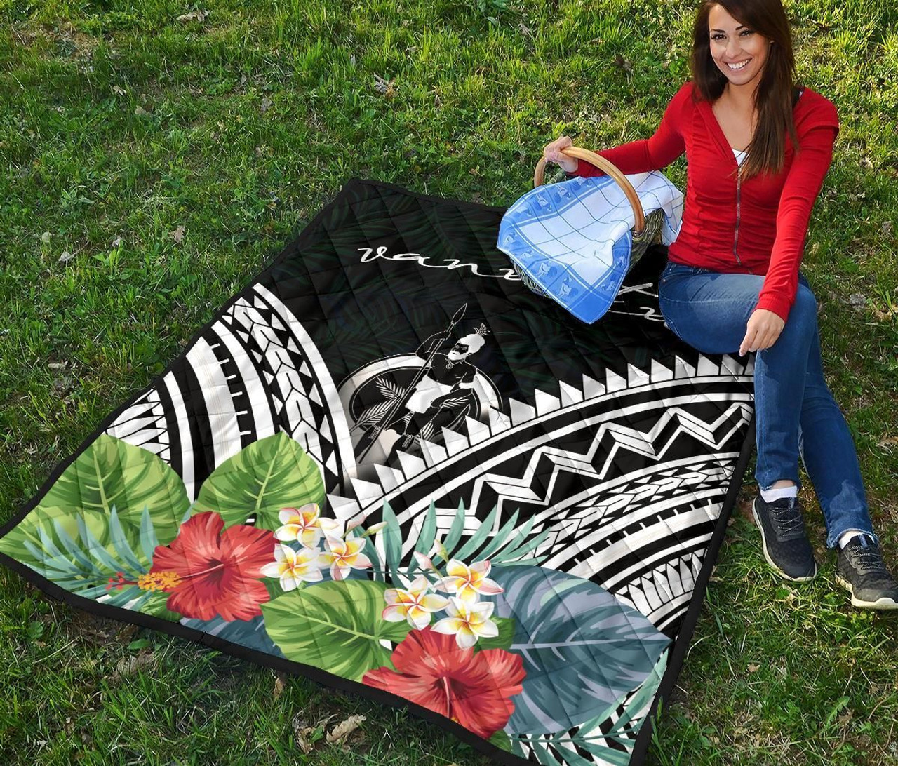 Vanuatu Premium Quilt - Vanuatu Coat of Arms & Polynesian Tropical Flowers White 6