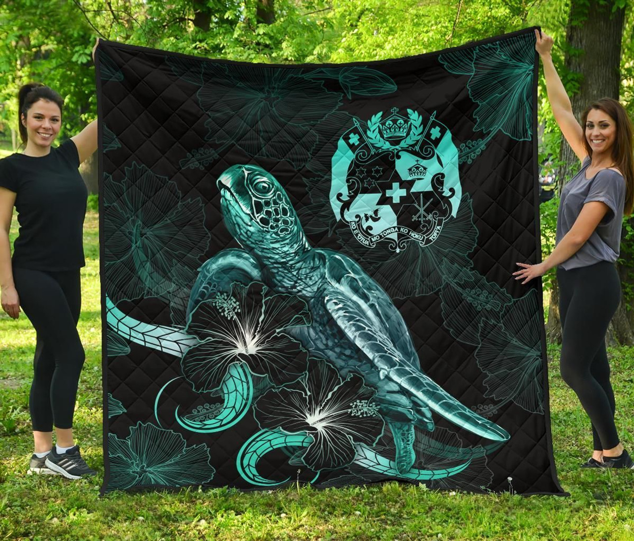 Tonga Polynesian Premium Quilt - Turtle With Blooming Hibiscus Turquoise 2