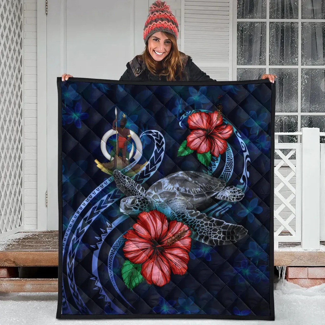 Vanuatu Polynesian Premium Quilt - Blue Turtle Hibiscus 3