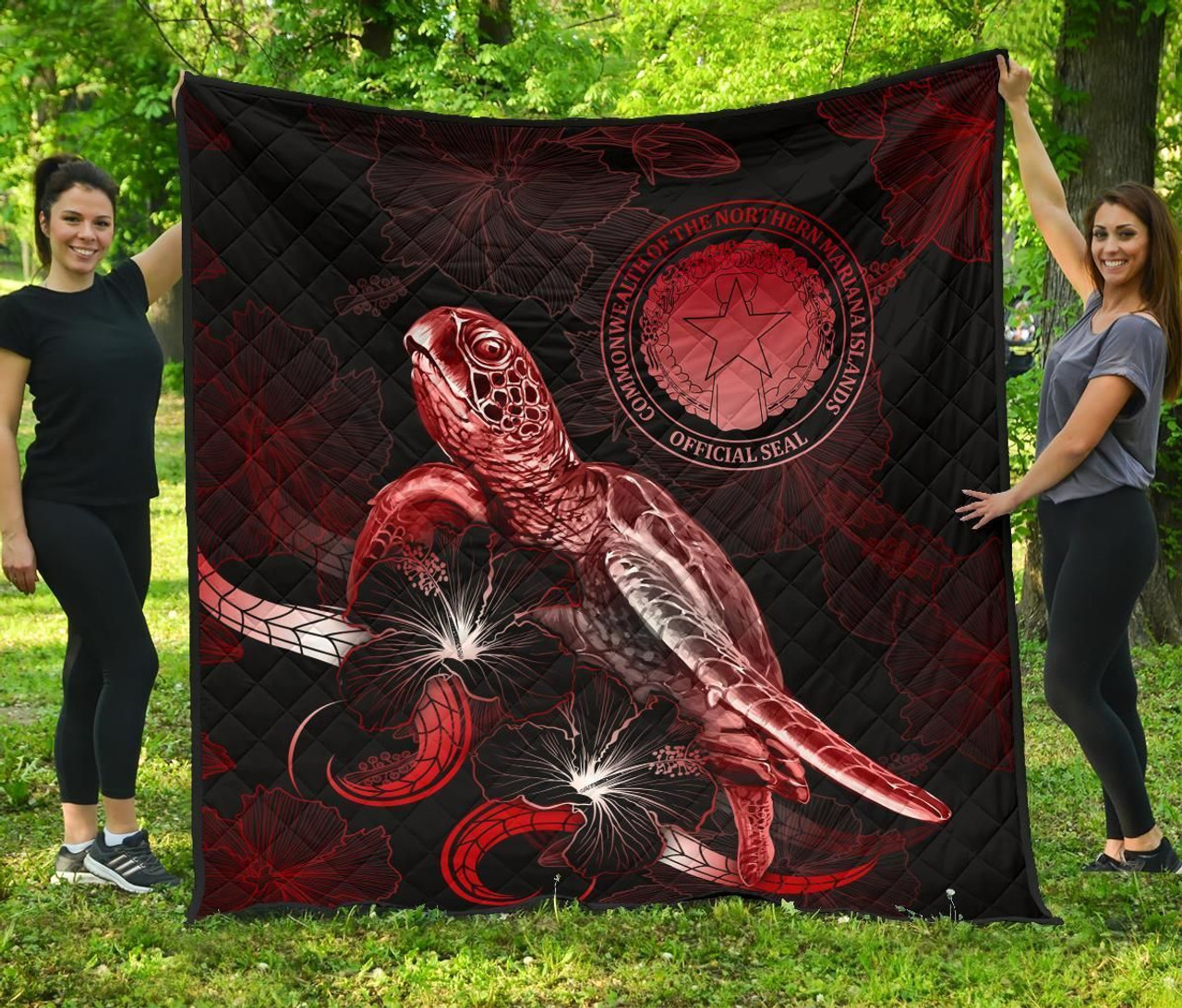 CNMI Polynesian Premium Quilt - Turtle With Blooming Hibiscus Red 2