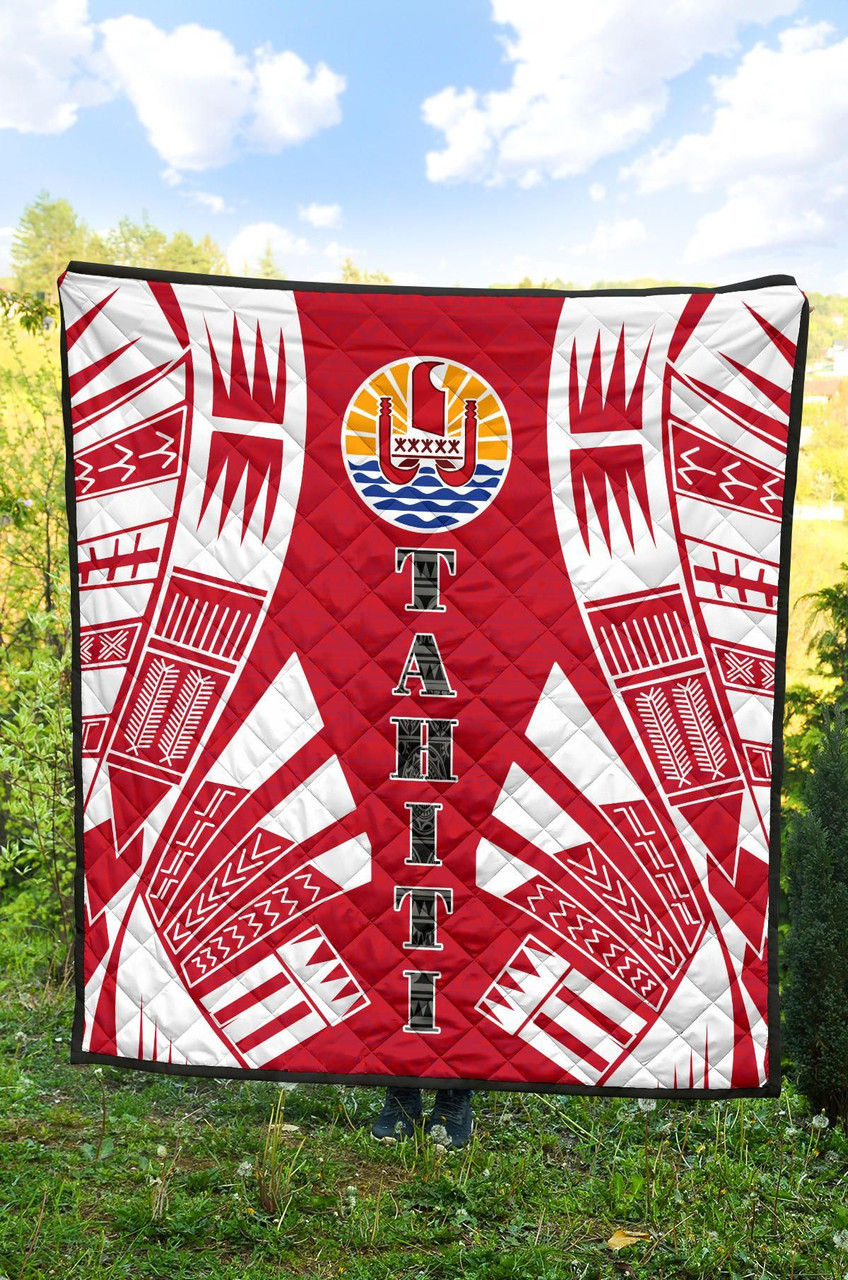 Tahiti Premium Quilt - Tahiti Flag Polynesian White Tattoo (Red) 4