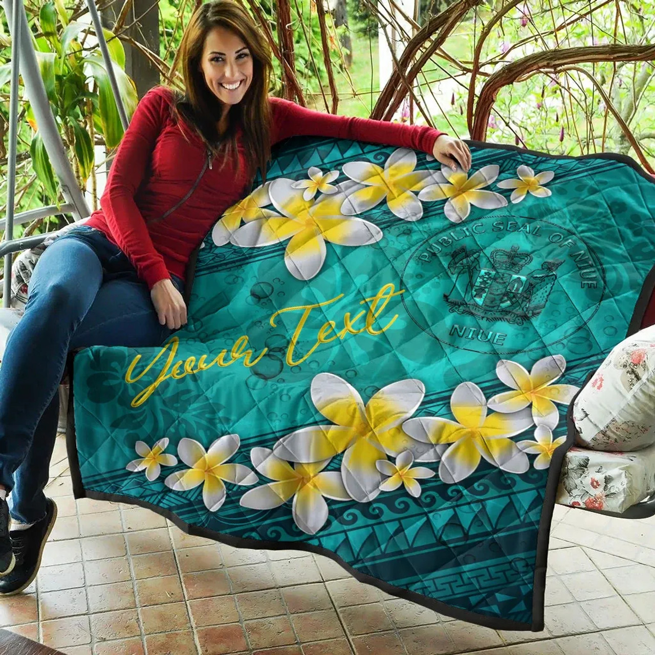 Niue Polynesian Custom Personalised Quilt - Plumeria With Blue Ocean 8