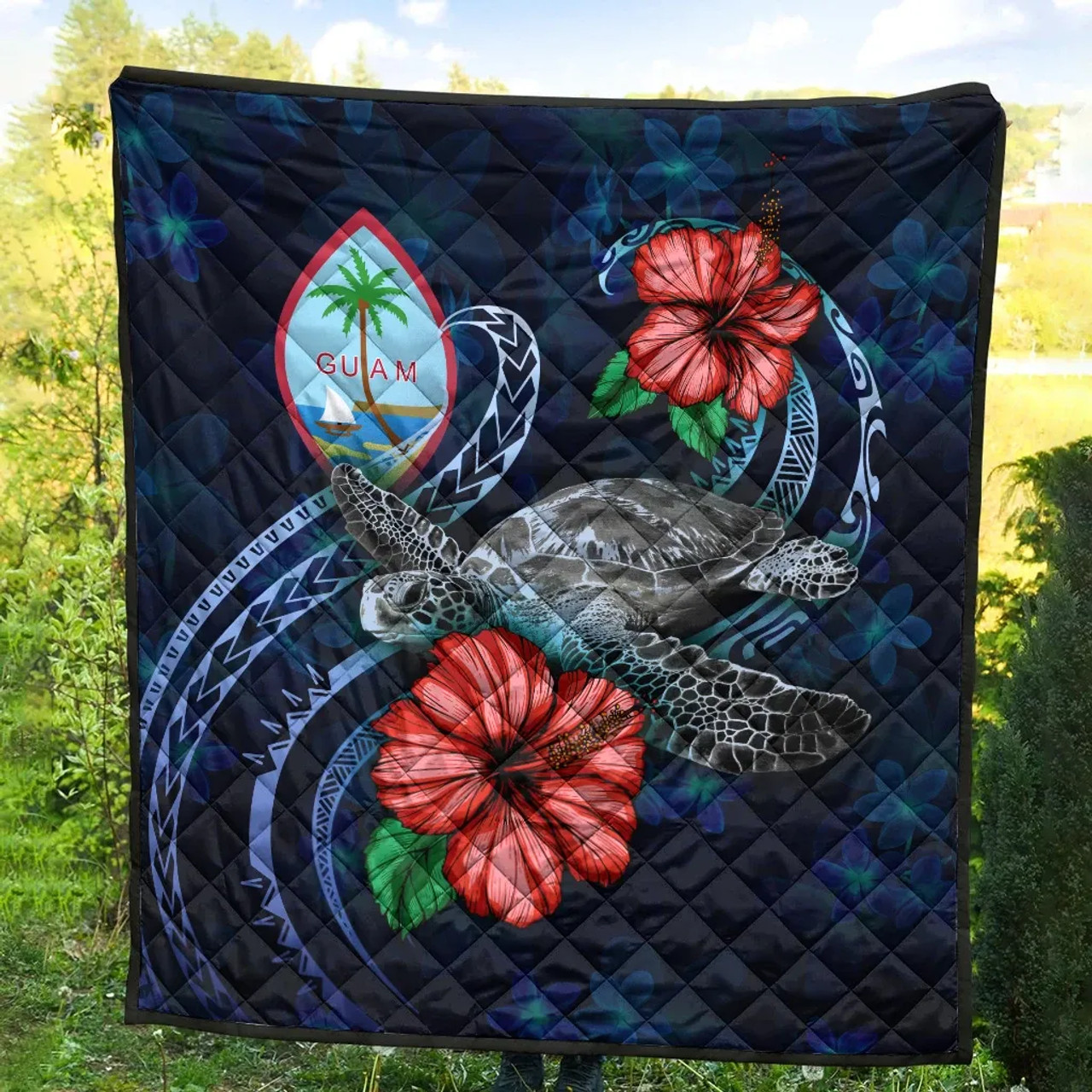 Guam Polynesian Premium Quilt - Blue Turtle Hibiscus 4