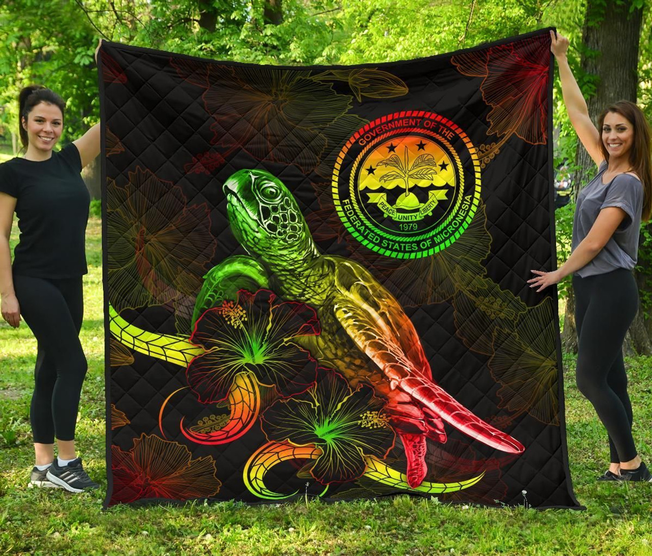 Federated States of Micronesia Polynesian Premium Quilt - Turtle With Blooming Hibiscus Reggae 2