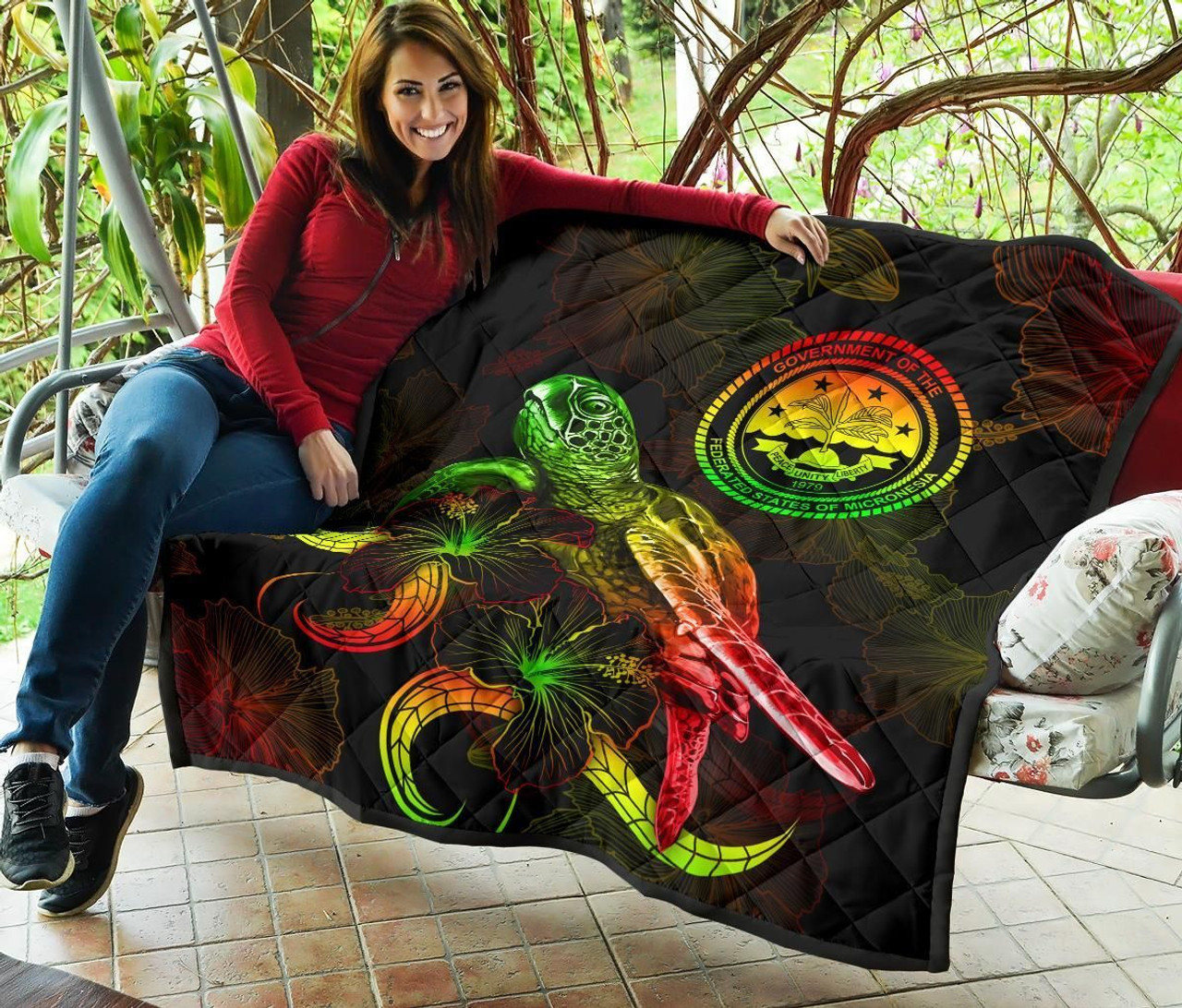 Federated States of Micronesia Polynesian Premium Quilt - Turtle With Blooming Hibiscus Reggae 8