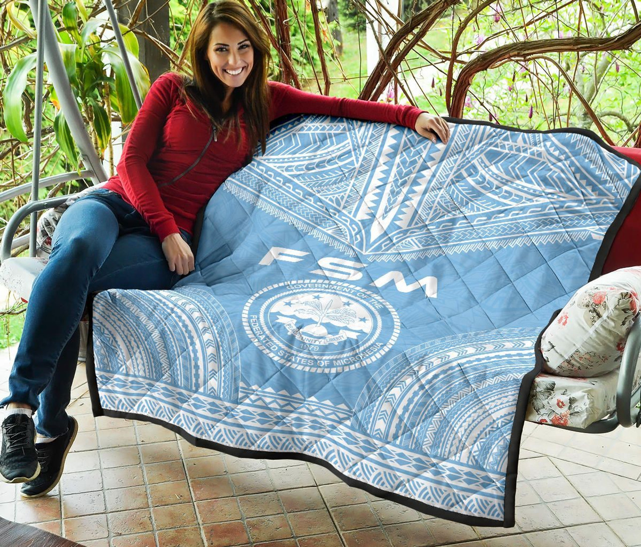 Federated States Of Micronesia Premium Quilt - FSM Seal Polynesian Chief Light Blue Version 5