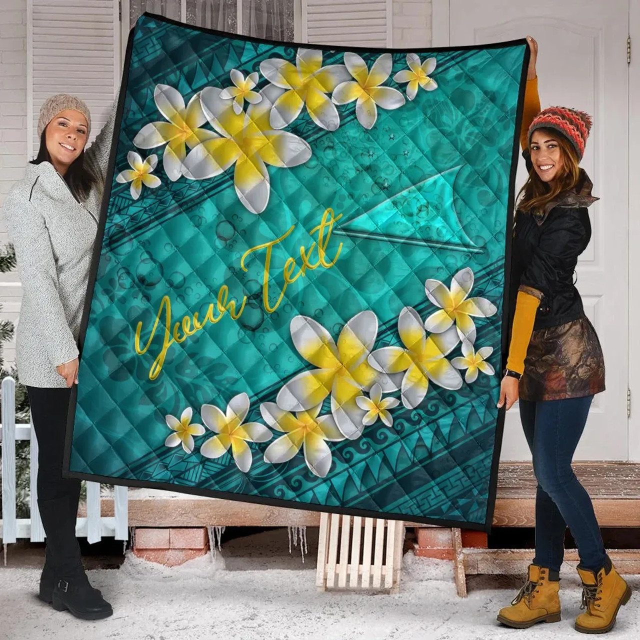 Tokelau Polynesian Custom Personalised Quilt - Plumeria With Blue Ocean 3