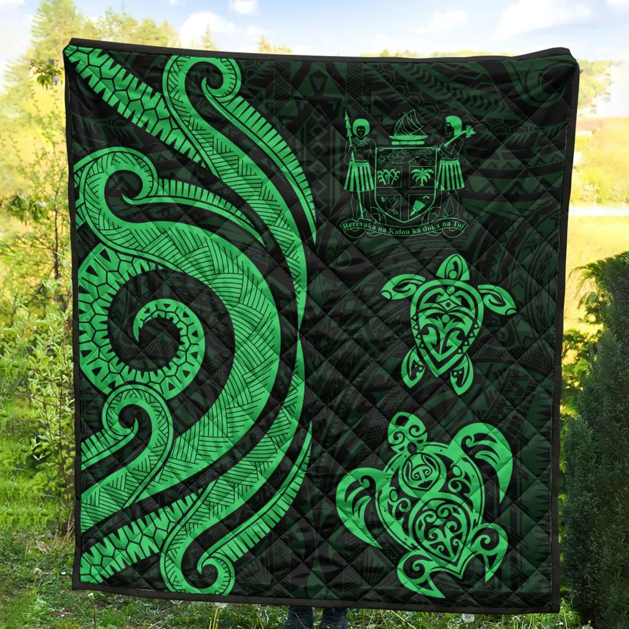 Fiji Polynesian Premium Quilt - Green Tentacle Turtle Crest 3