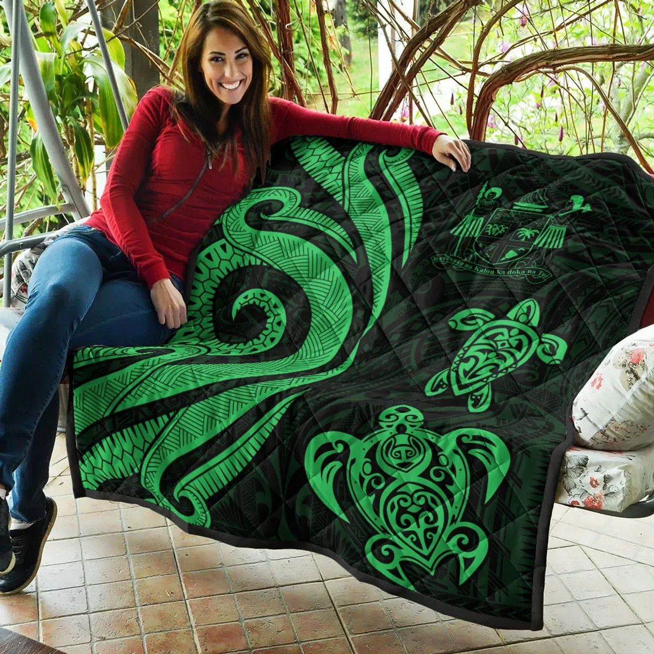 Fiji Polynesian Premium Quilt - Green Tentacle Turtle Crest 6