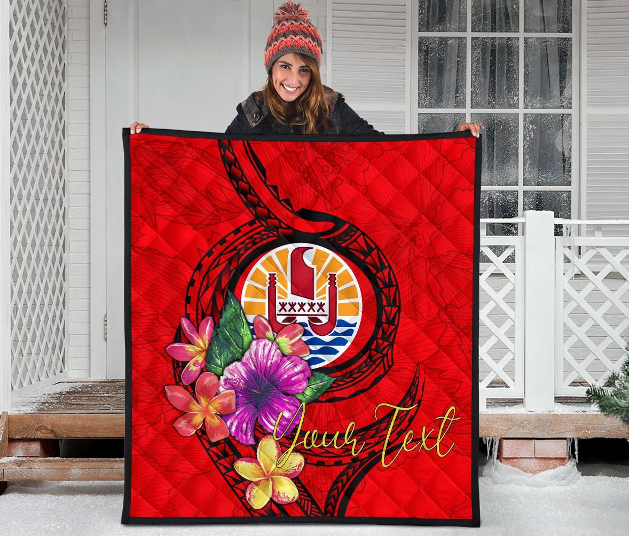 Tahiti Polynesian Custom Personalised Premium Quilt - Floral With Seal Red 4