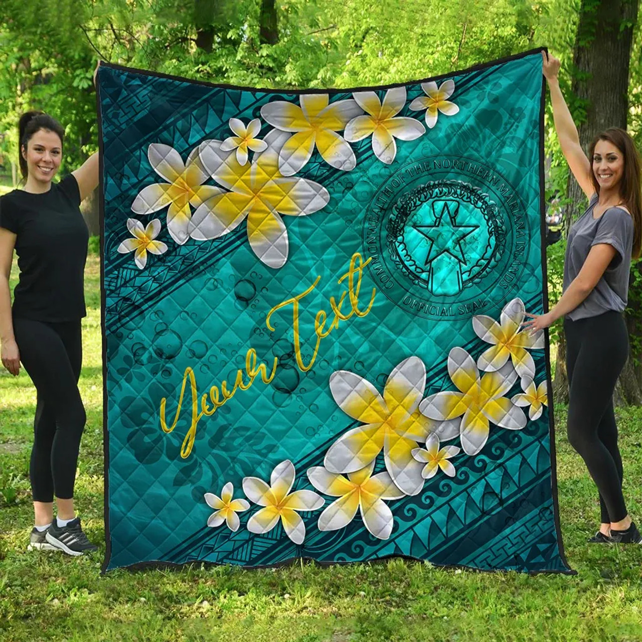 Northern Mariana Islands Polynesian Custom Personalised Quilt - Plumeria With Blue Ocean 1