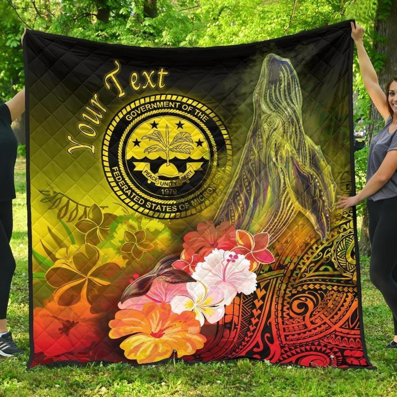 Federated States of Micronesia Custom Personalised Premium Quilts - Humpback Whale with Tropical Flowers (Yellow) 1