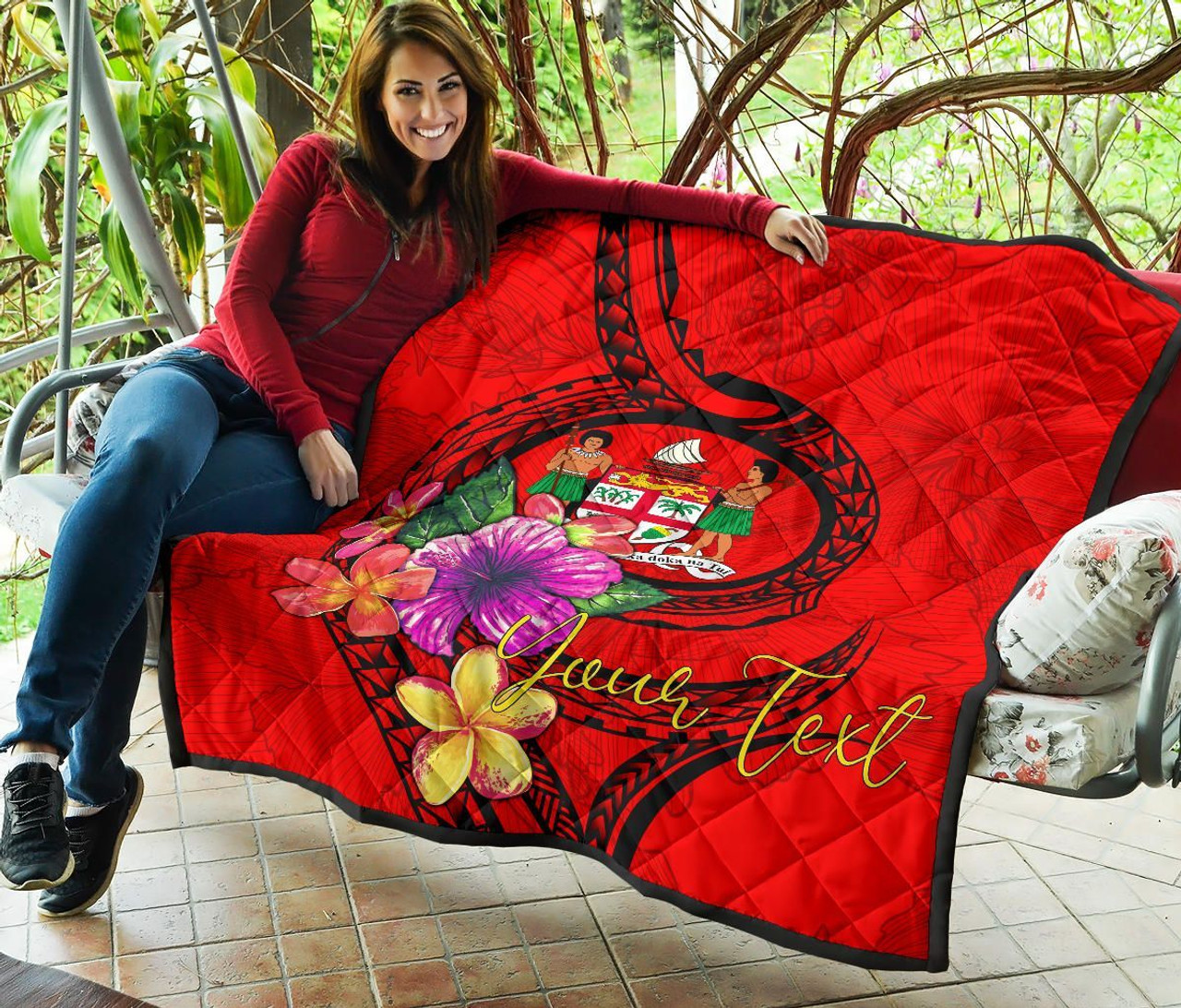 Fiji Polynesian Custom Personalised Premium Quilt - Floral With Seal Red 7