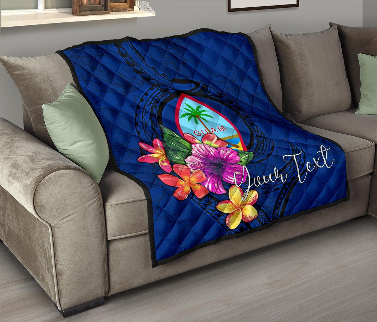 Guam Polynesian Custom Personalised Premium Quilt - Floral With Seal Blue 1