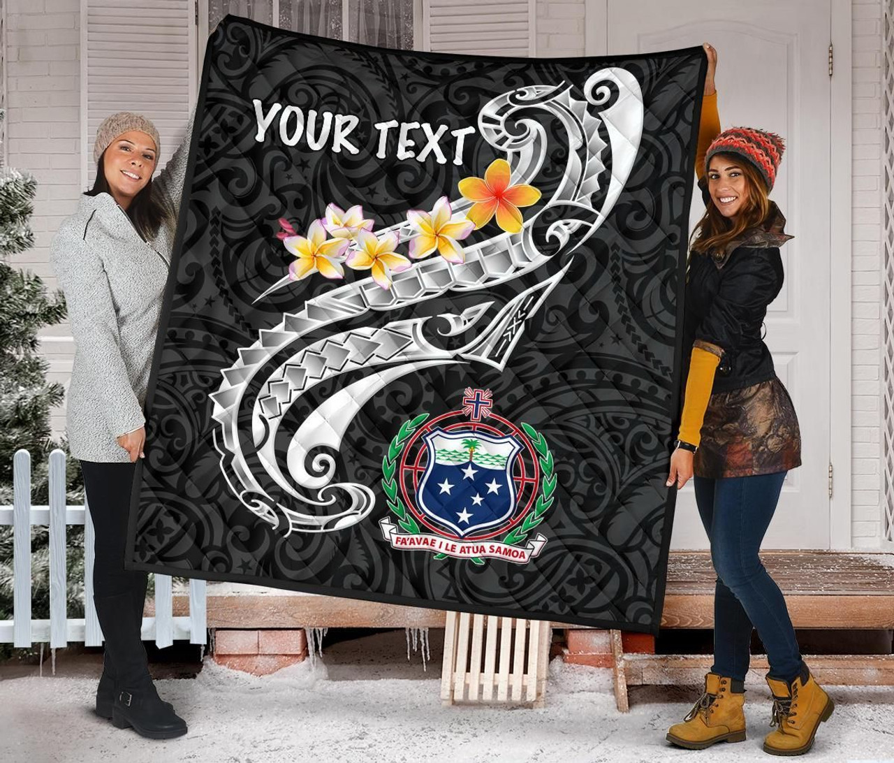 Samoa Custom Personalised Premium Quilt - Samoa Seal  Polynesian Patterns Plumeria (Black) 3