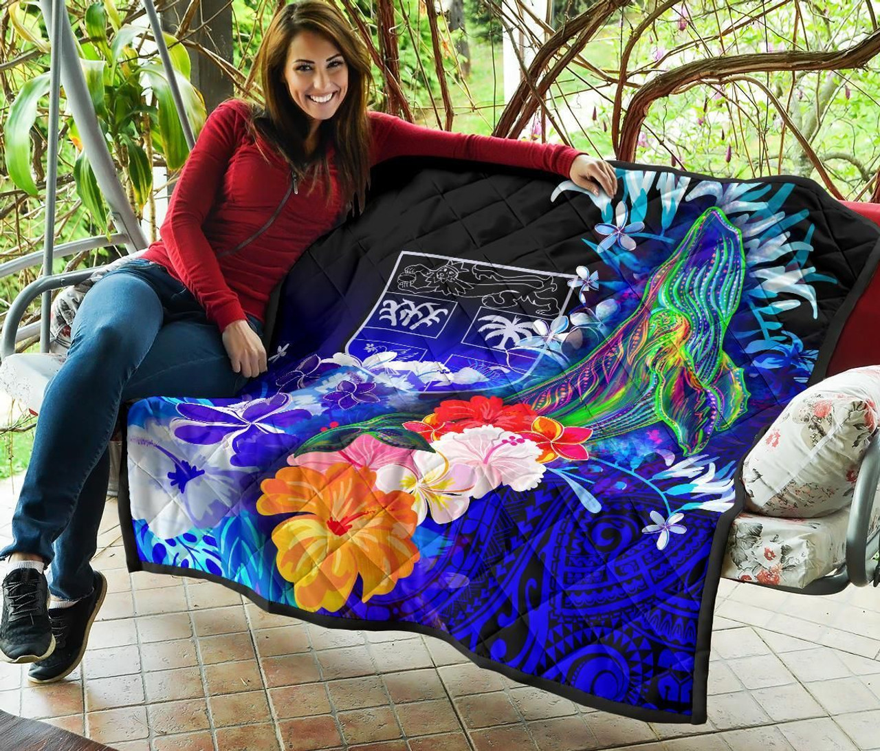 Fiji Premium Quilt - Humpback Whale with Tropical Flowers (Blue) 7