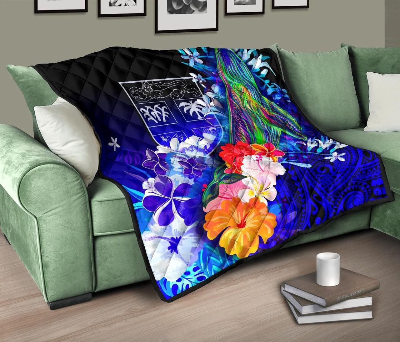 Fiji Premium Quilt - Humpback Whale with Tropical Flowers (Blue) 10